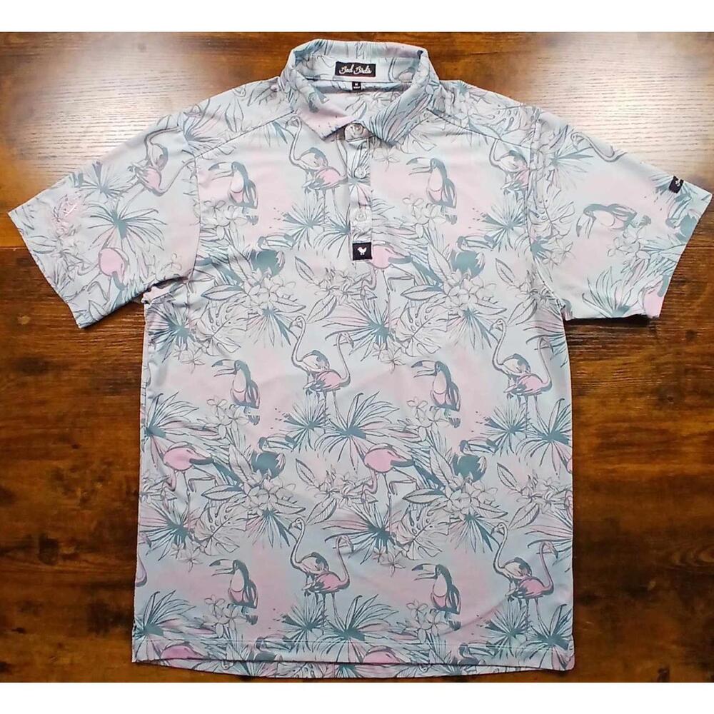 Bad Birdie Polo Shirt Mens Medium Green All Over Print Golf Performance Flamingo
